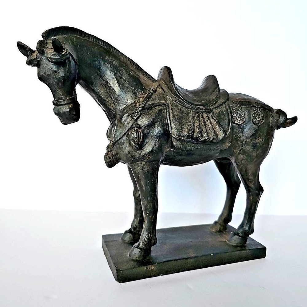 Vintage Tang Dynasty Style Cast Metal War Horse Statue Ornate Saddle Decor 12in‎